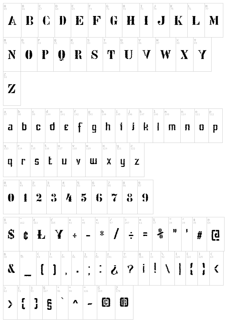 Stencil Intellecta Trash font map